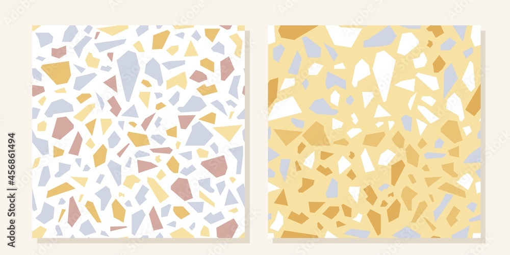 Terrazzo seamless pattern collection in diverse colorful styles with abstract mosaic stone shapes. Modern terrazzo minimalist art background set ideal for print, fashion or trendy design project.
