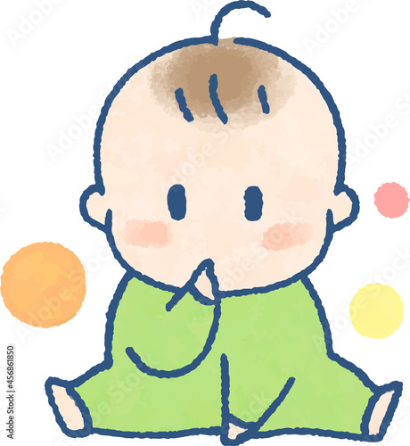 おすわりして指を吸う赤ちゃんのイラスト