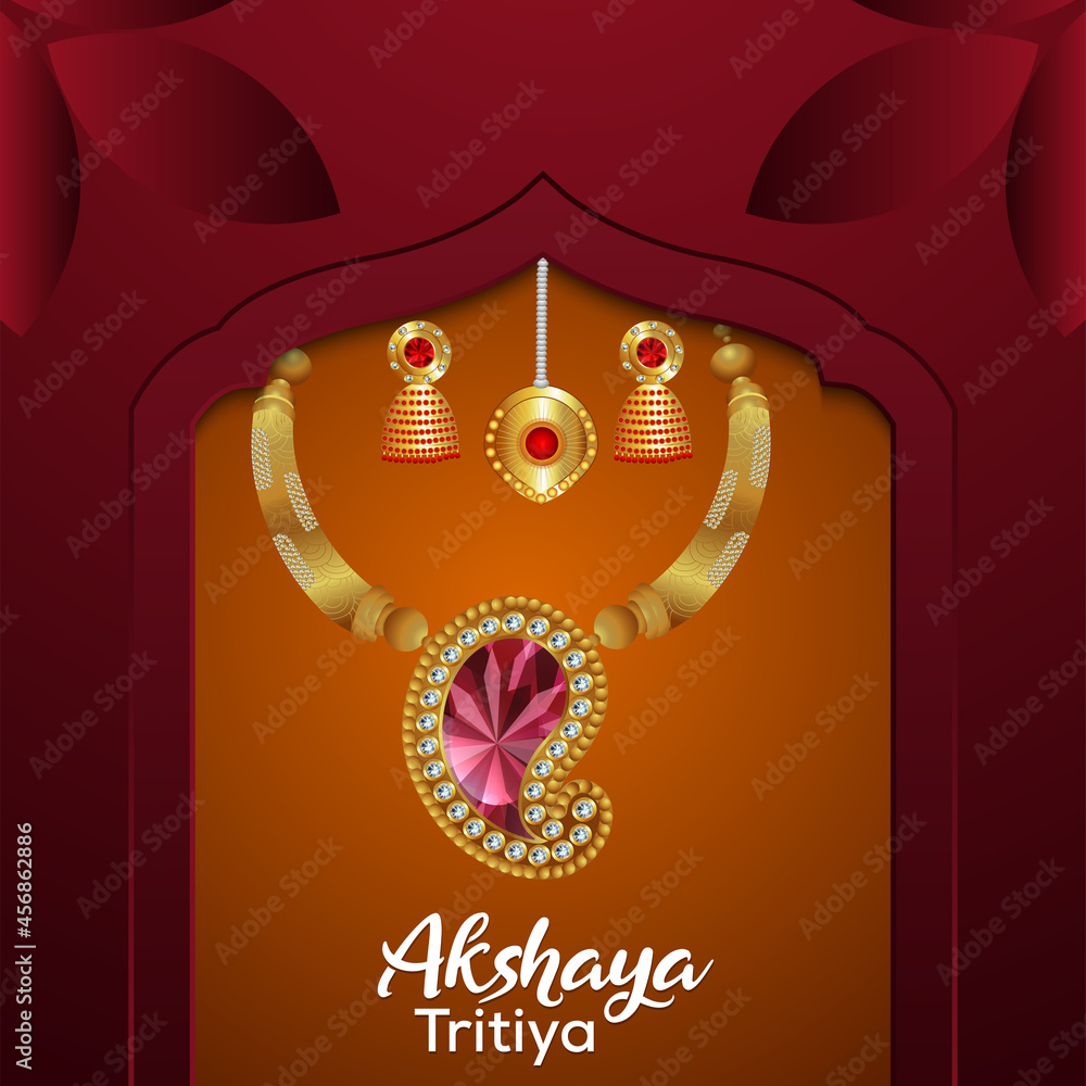 Akshaya tritiya celebration greeting card with golden necklace on creative background