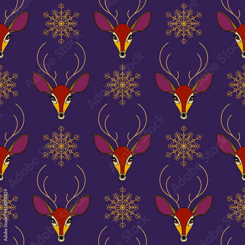 Pattern with the image of a deer and snowflakes in a cartoon style. Vector illustration.