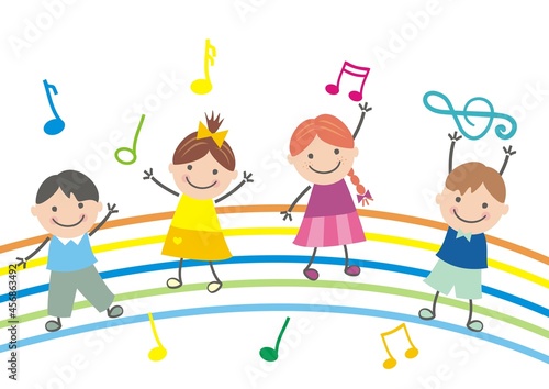 dancing children, boys and girls with stave and notes, vector illustration