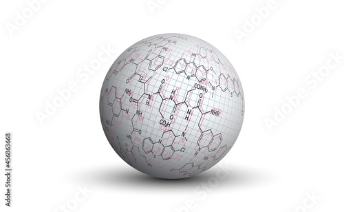 Background for a presentation on chemistry. Formulas for organic chemistry. A white three-dimensional sphere with a graphic image of the paper texture and formulas for organic chemistry.