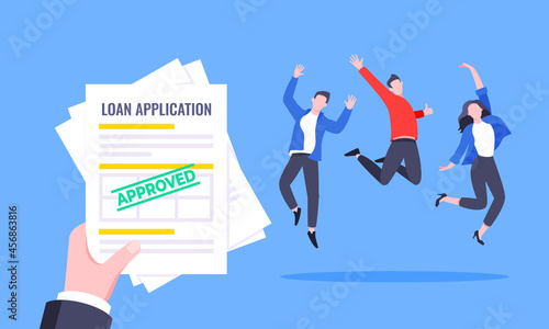 Hand holds loan approval application paper sheets document. Mortgage or credit form with stamp approved and happy person jumping behind flat style design vector illustration.