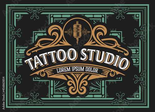 Tattoo logo with vintage ornaments. Layered