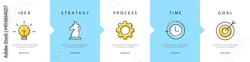 Business strategy. Step-by-step plan for business. Idea, strategy, process, time and goal. Vector illustration