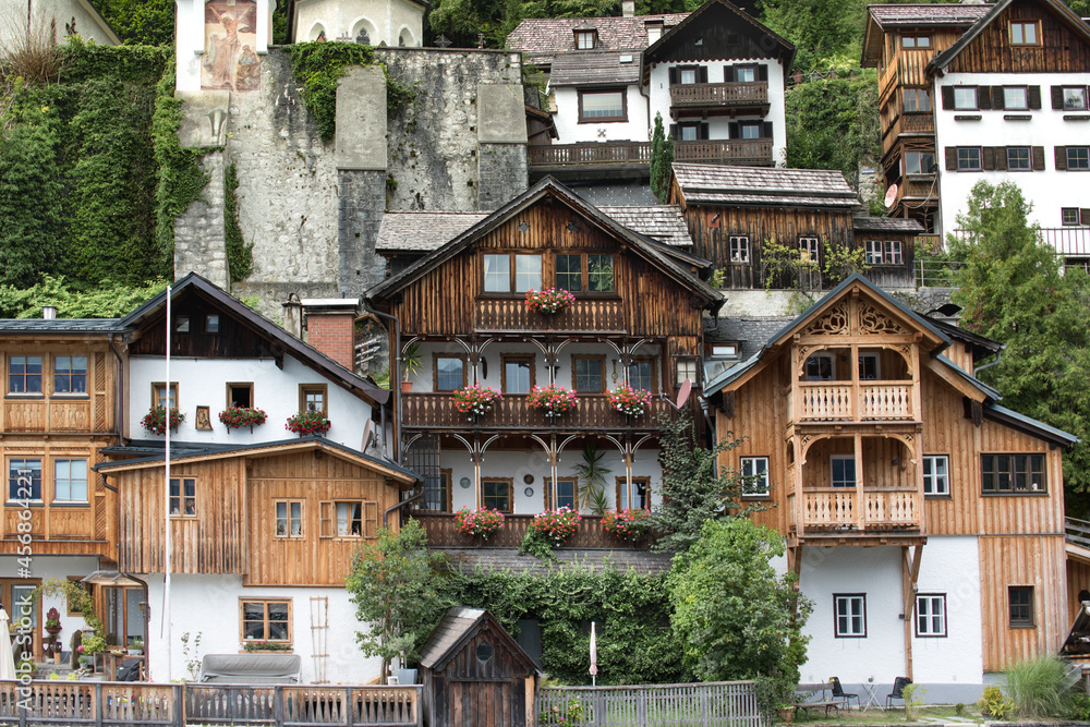 Hallstatt village, in Hallstatter See mountain lake in Austria, Salzkammergut Hallstatt village, in Hallstatter See mountain lake in Austria, Salzkammergut