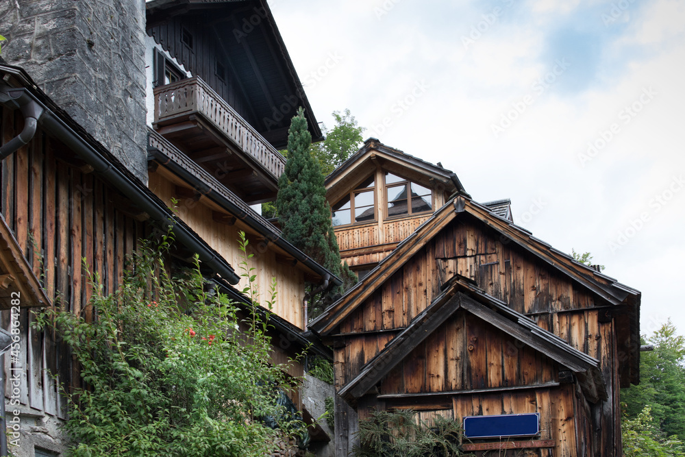 Hallstatt village, in Hallstatter See mountain lake in Austria, Salzkammergut