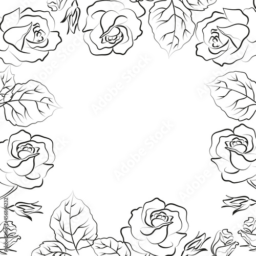 Elegant outline drawing frame of rose's flowers, vector illustration.