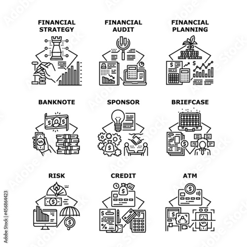Financial Strategy Set Icons Vector Illustrations. Financial Strategy And Planning, Sponsor And Credit, Atm Bank Electronic Machine And Banknote, Briefcase And Audit Black Illustration