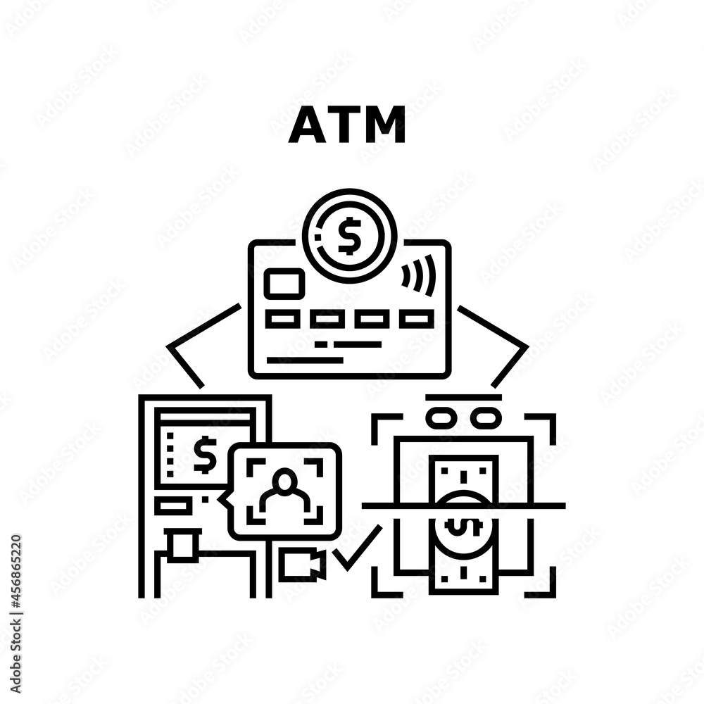 Atm Banking Machine Vector Icon Concept. Atm Banking Machine For Identification Bank Client And Withdraw Money Cash From Credit Card. Electronic Financial Equipment Black Illustration Atm Banking Machine Vector Icon Concept. Atm Banking Machine For Identification Bank Client And Withdraw Money Cash From Credit Card. Electronic Financial Equipment Black Illustration