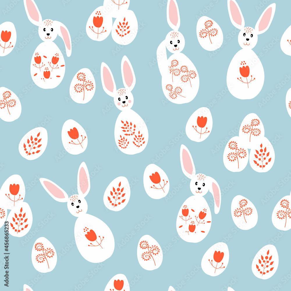 Lovely hand drawn Easter seamless pattern, doodle bunnies, eggs and flowers, great for banners, wallpapers, wrapping, textiles - vector design