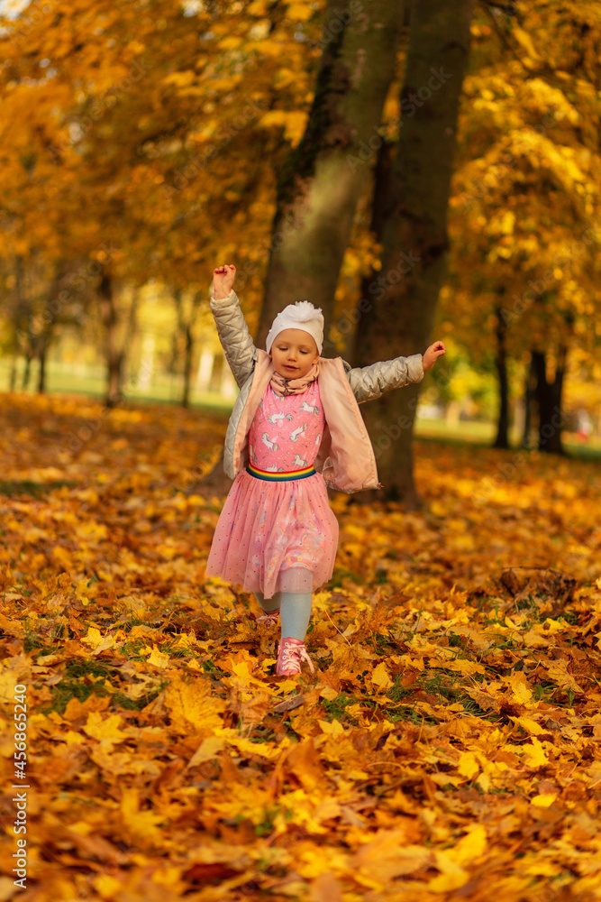Little girl child in fashionable clothes with a jacket walks in an autumn park with fall foliage Little girl child in fashionable clothes with a jacket walks in an autumn park with fall foliage