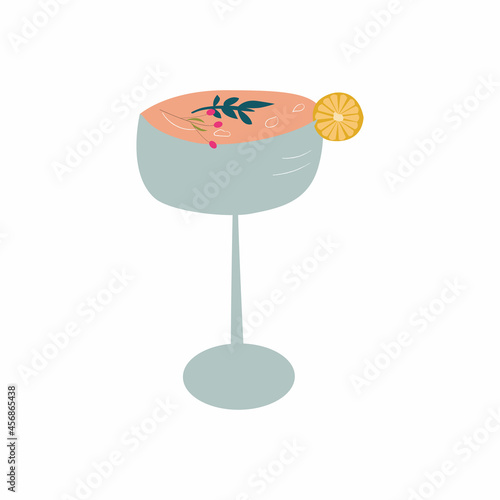 Alcoholic drink in cartoon style with a slice of lemon in a glass. Vector illustration 