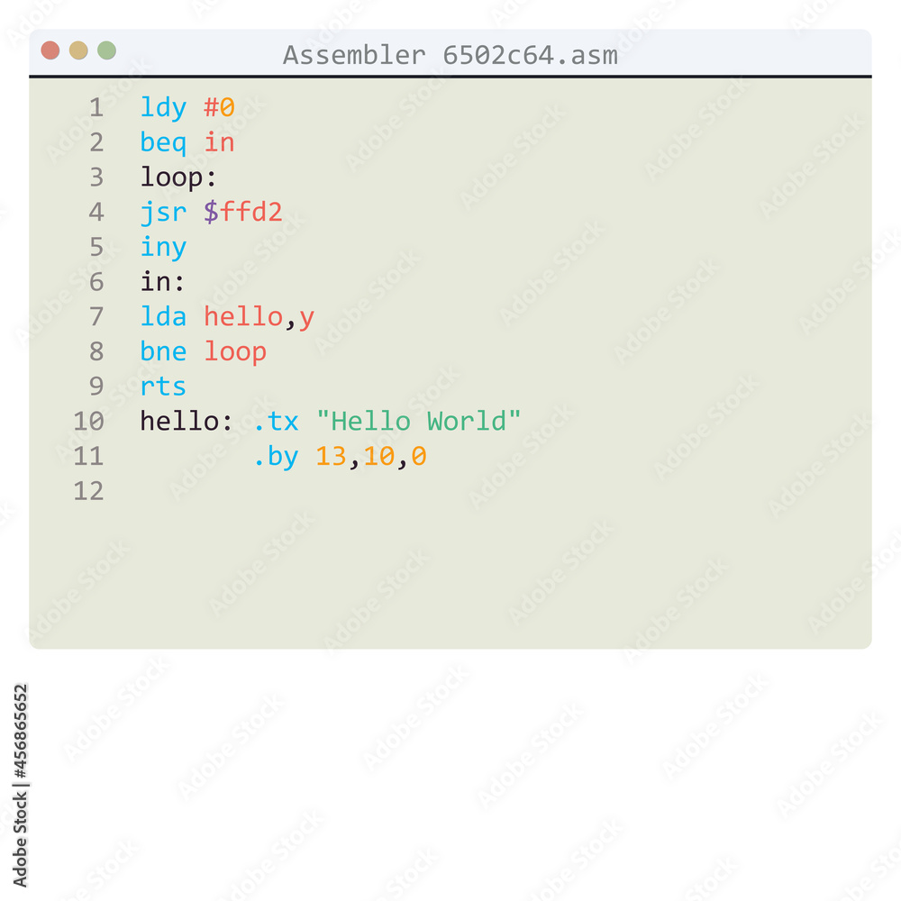 Assembler 6502c64 language Hello World program sample in editor window