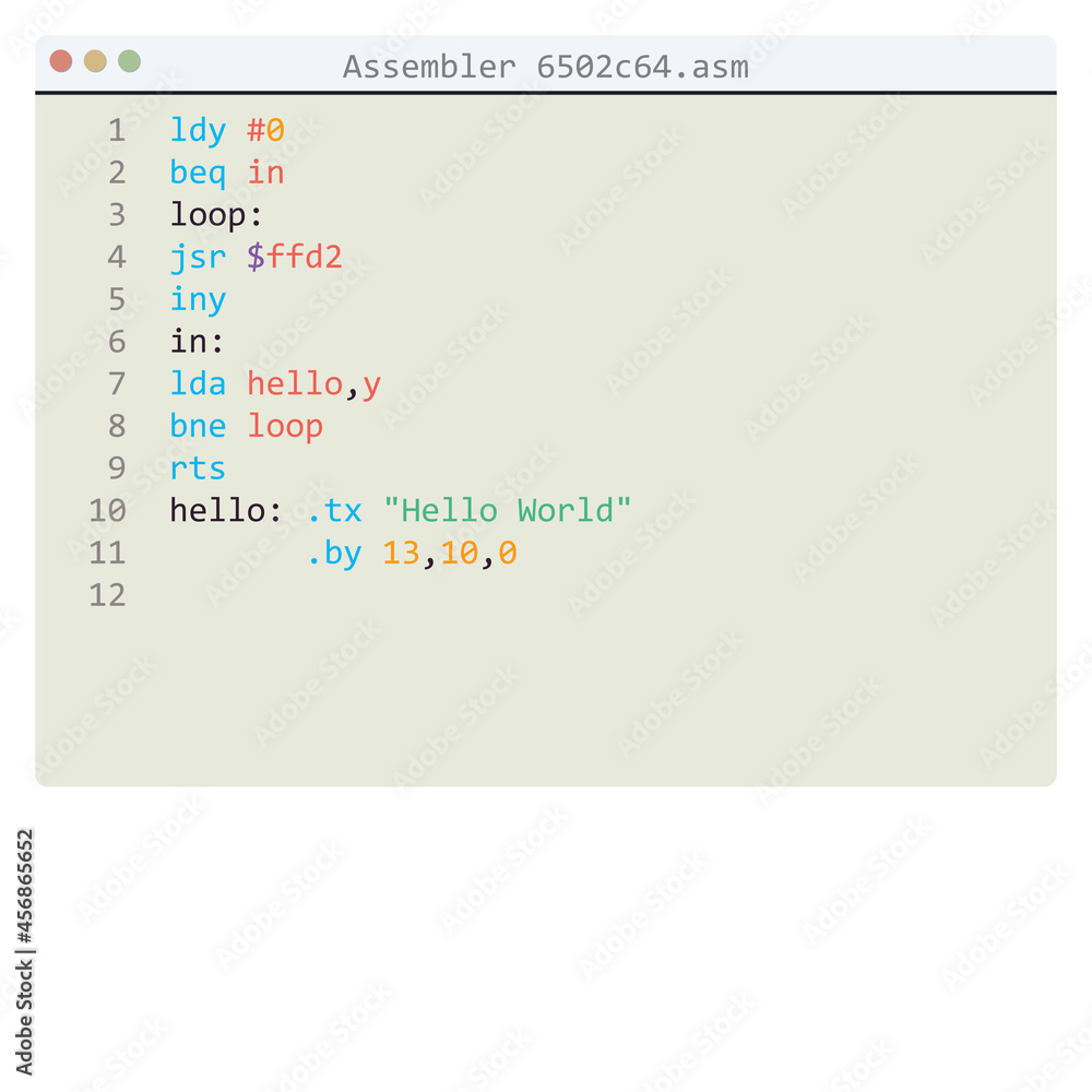 Assembler 6502c64 language Hello World program sample in editor window Assembler 6502c64 language Hello World program sample in editor window