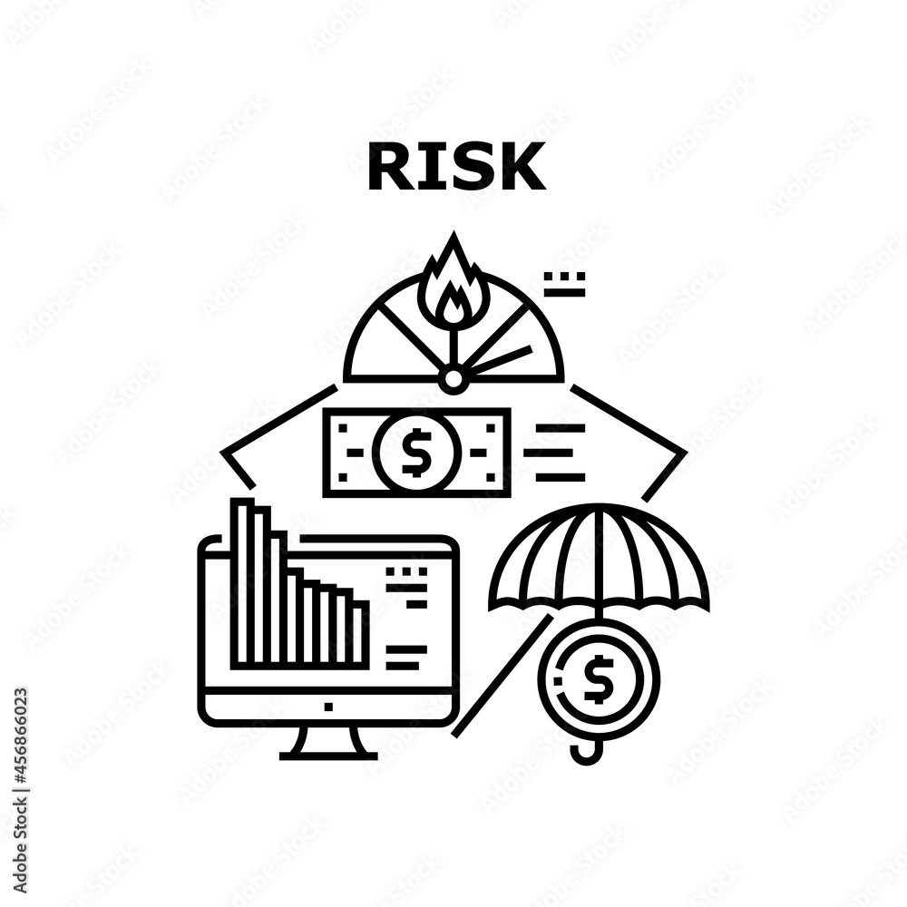 Financial Risk Vector Icon Concept. Financial Risk Of Falling Rate On Market Economy Problem. Finance Insurance And Money Protection, Economic Crisis And Bankruptcy Black Illustration