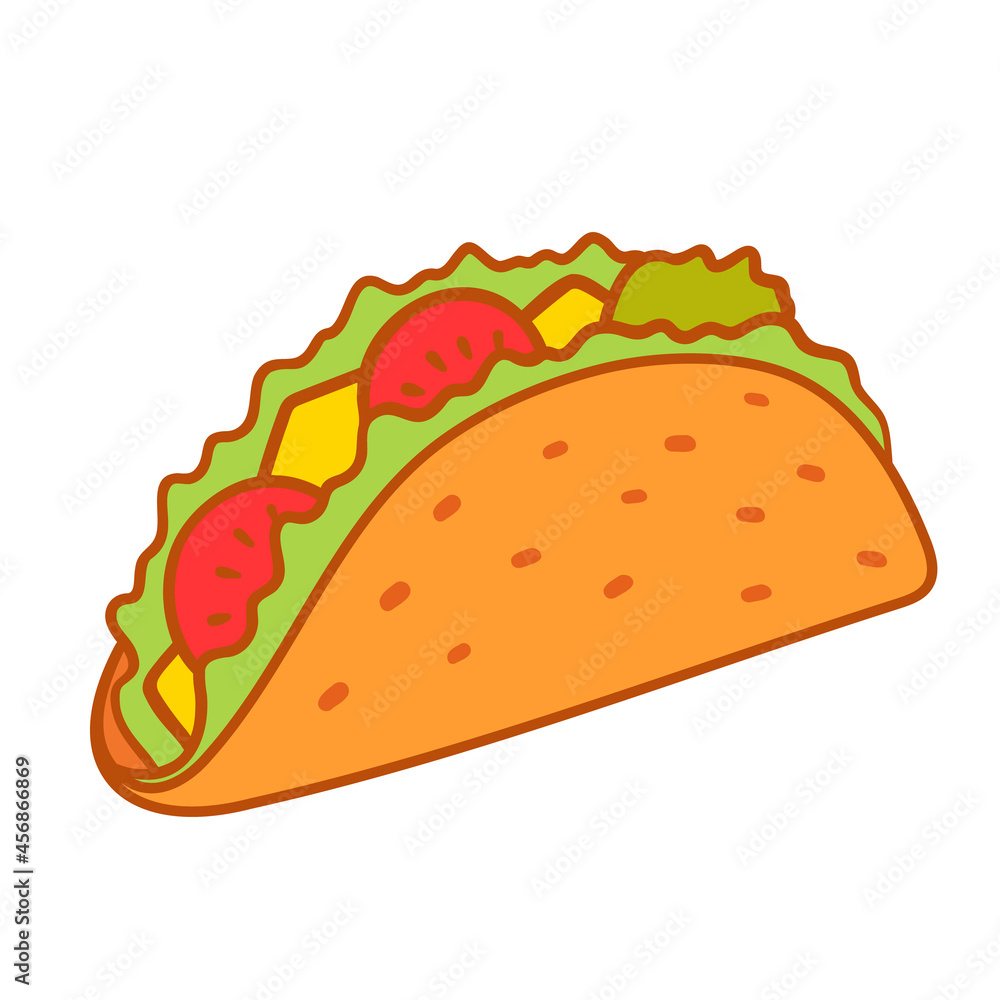 Taco with tortilla. Mexican lunch, icon for food apps and websites. Vector flat illustration isolated on white Taco with tortilla. Mexican lunch, icon for food apps and websites. Vector flat illustration isolated on white
