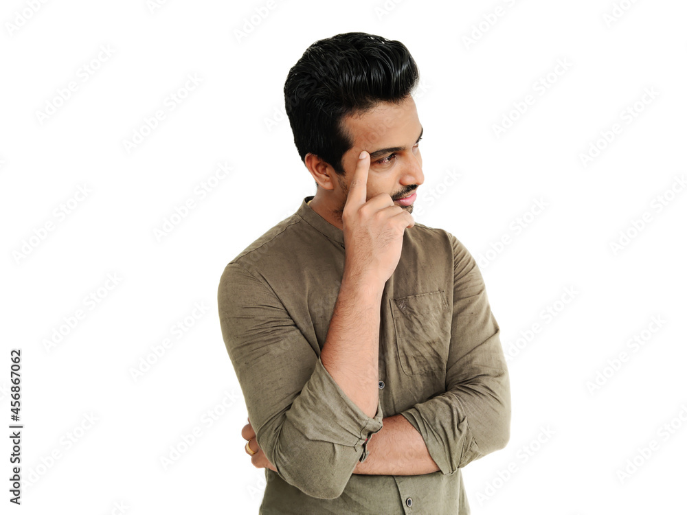 indian man thinking ,white background ,doubts and people concept .Selective focus. indian man thinking ,white background ,doubts and people concept .Selective focus.