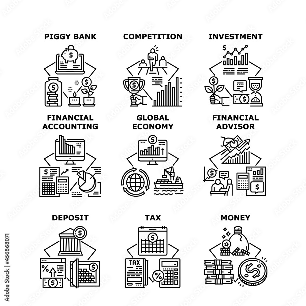 Financial Advisor Set Icons Vector Illustrations. Financial Advisor And Economy Competition, Money Deposit And Tax, Finance Accounting And Piggy Bank. Money Investment Black Illustration