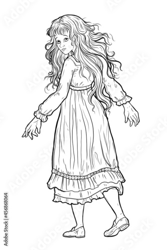 Goldilocks. Girl with long, loose hair stands half-turned and looks around. Fairy tale character. Black and white vector illustration