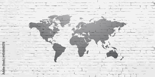 Fototapeta Naklejka Na Ścianę i Meble -  Simple stylized world map on brick wall. Continents silhouette in minimal line icon style.