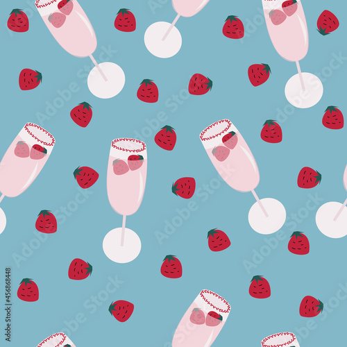 Seamless pattern. Glasses of pink champagne with strawberries. Vector illustration in cartoon style