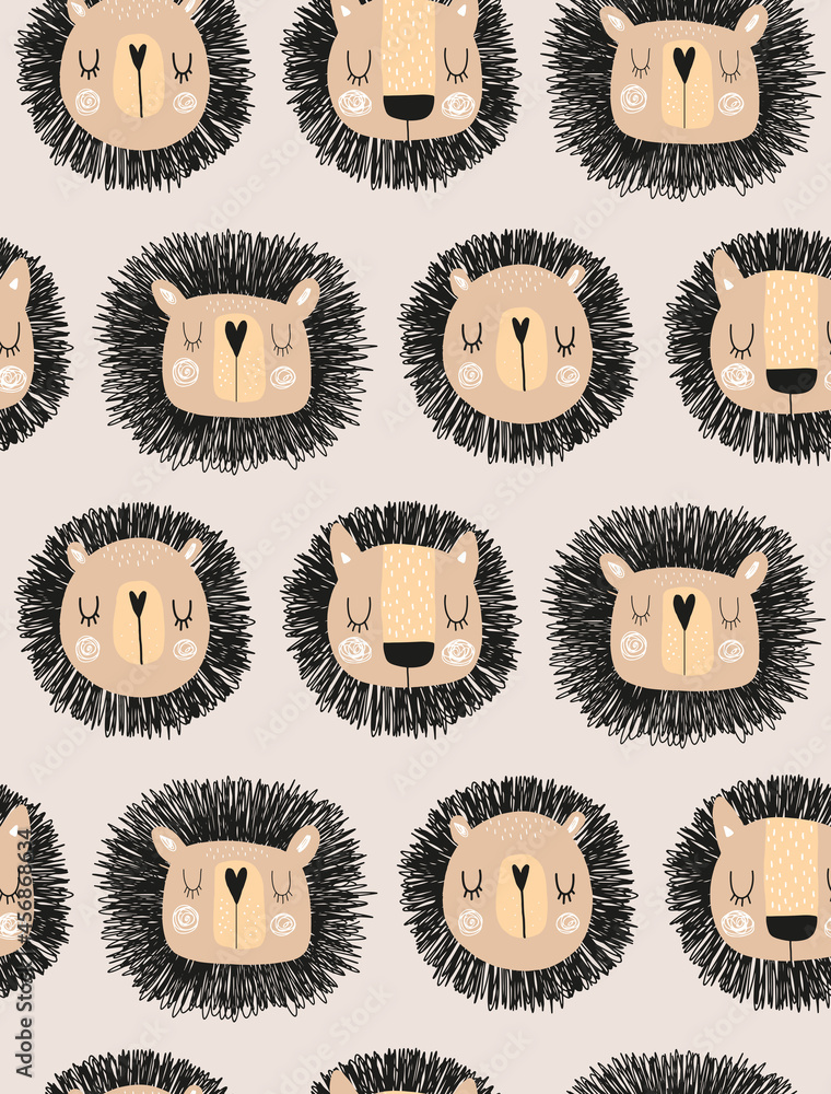 Fotografie Hand Drawn Seamless Vector Patterns with Cute Baby Lions Heads Isolated on a Light Beige Background