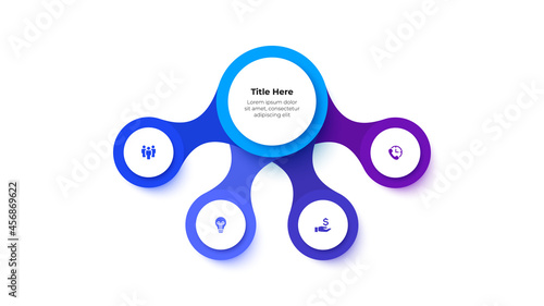 Flow chart infographic business template. Central circle with four circles around it. Vector info graphic design illustration with 4 steps