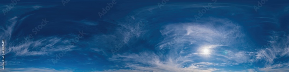 Obraz premium Blue sky panorama with Cirrus clouds. Seamless hdr 360 degree pano in spherical equirectangular format. Complete zenith for 3D visualization, game and sky replacement for aerial drone 360 panoramas.