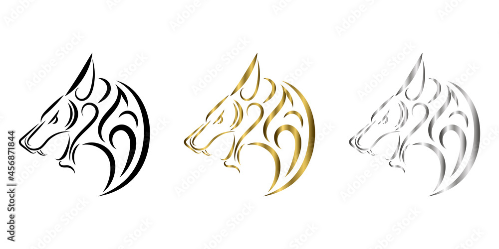 Obraz premium three color black gold silver line art of wolf head. Good use for symbol, mascot, icon, avatar, tattoo, T Shirt design, logo or any design