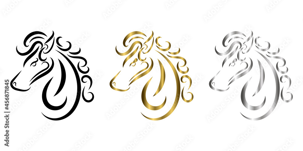 Obraz premium three color black gold and silver line art of horse head. Good use for symbol, mascot, icon, avatar, tattoo, T Shirt design, logo or any design