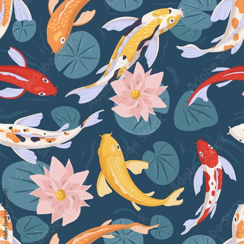 Seamless Japanese pattern with koi fishes swimming in Asian water garden. Endless repeating oriental background with Chinese carps and flowers in pond. Colored flat vector illustration for printing