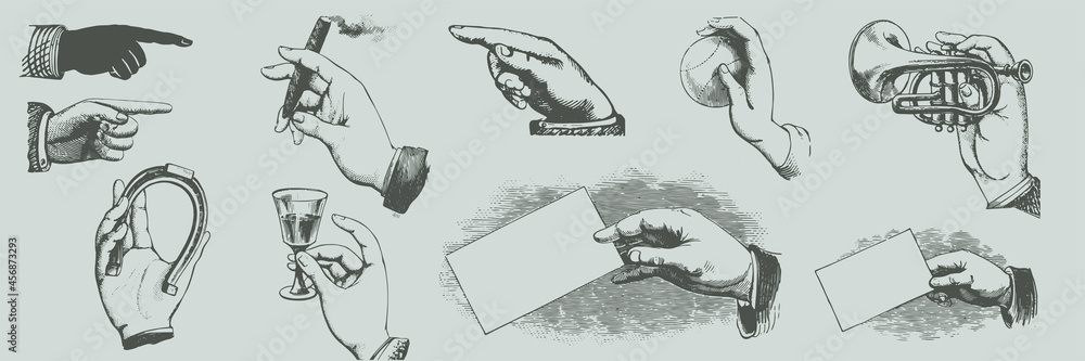 Classic hand gestures and hand holding objects. Vintage engraving ...