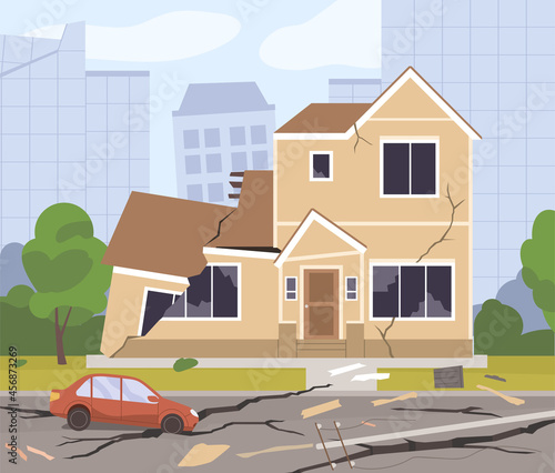 Destroyed city buildings, damaged car, cracked road after earthquake disaster. Urban houses in fractures and broken auto as catastrophe consequences. Devastation concept. Flat vector illustration