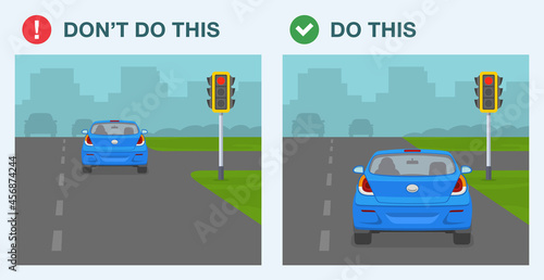 Do's and don'ts. Safety and dangerous driving. Car driver jumped a red signal. Driver waiting on a red light on city crossroad. Back view. Flat vector illustration template.