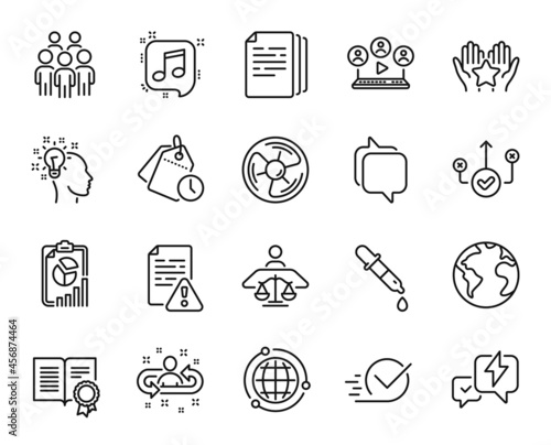 Vector set of Correct way, Court judge and Instruction manual line icons set. Report, Video conference and Globe icons. World planet, Group people and Air fan signs. Correct way web symbol. Vector