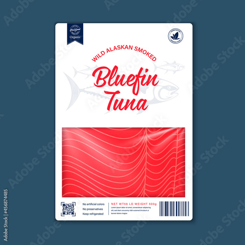 Vector pangasius flat style packaging design. tuna illustration and fish meat texture for packaging, fisheries