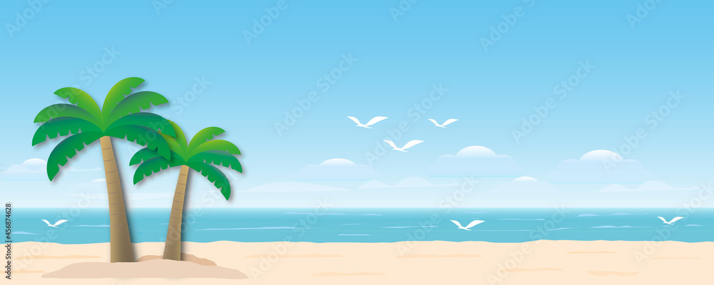 Idyllic beach with turquoise blue sea, sand, coconut tree, bird, sky and cloud, Summer holiday concept, space for the text, paper cut design style.