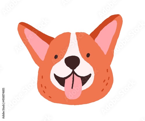 Cute corgi face with tongue out. Funny dogs head. Happy canine animal portrai...