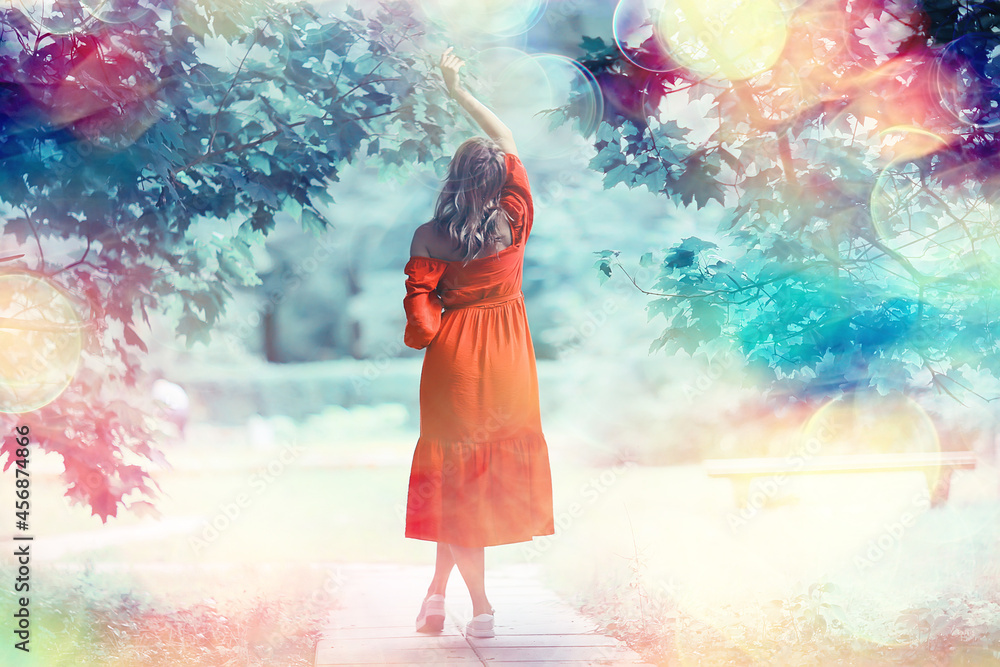 Fototapeta premium fashion beautiful woman in dress, nature park, romantic elegant person
