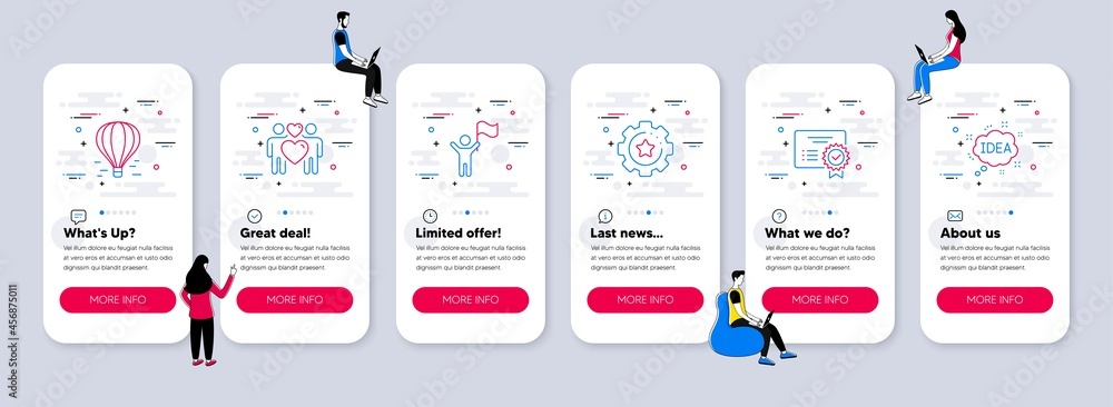 Vector Set of Business icons related to Air balloon, Certificate and Settings gear icons. UI phone app screens with teamwork. Love couple, Leadership and Idea line symbols. Vector