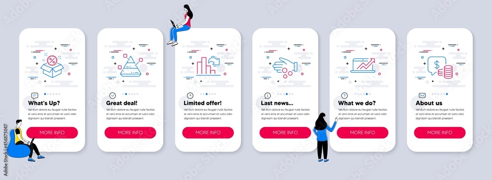 Set of Finance icons, such as Donation money, Sales diagram, Sale icons. UI phone app screens with teamwork. Decreasing graph, Pyramid chart, Coins line symbols. Vector