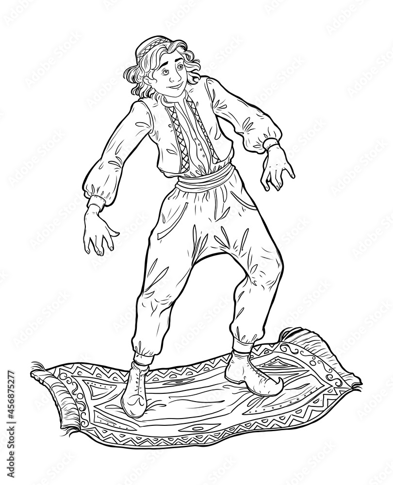 Aladdin. Man in Arabic clothes flying on flying carpet. Fairy tale cartoon character. Black and white vector illustration Aladdin. Man in Arabic clothes flying on flying carpet. Fairy tale cartoon character. Black and white vector illustration