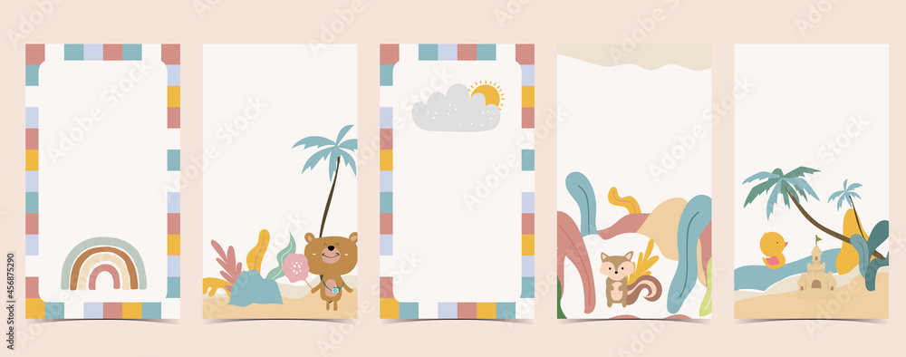Cute background for social media.Set of story with rainbow,bear,tree Cute background for social media.Set of story with rainbow,bear,tree