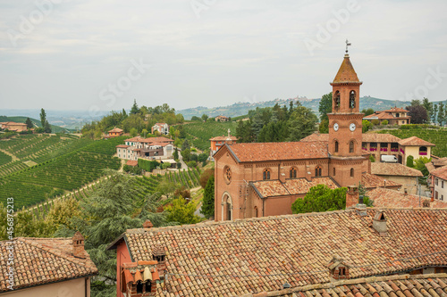 View of Serralunga d'Alba church with vineyards, Piemonte, Langhe wine district and Unesco heritage, Italy