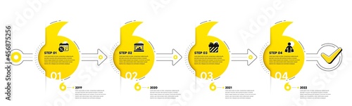 Trade Infographic timeline with 4 steps. Shopping process diagram with Discounts calendar, Shop, Gift and Shopper with purchases icons. Timeline infograph diagram. Vector
