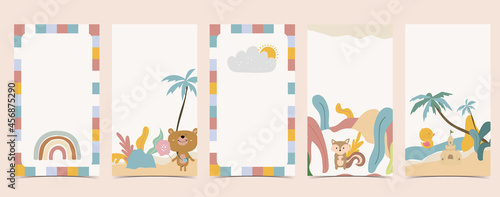Cute background for social media.Set of story with rainbow,bear,tree