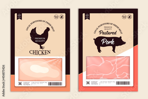 Vector butchery labels with farm animal silhouettes. Chicken and pork icons and meat textures for groceries