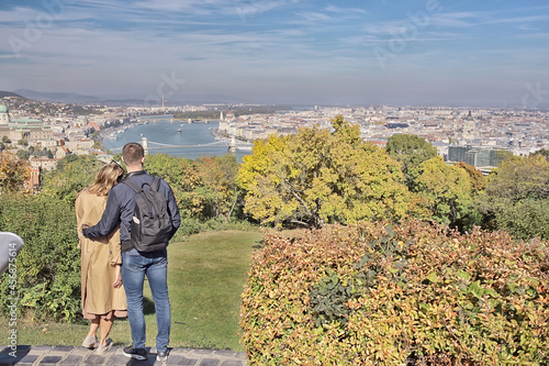 lovers boy and girl view of budapest panorama  gellert hill in budapest  hungary