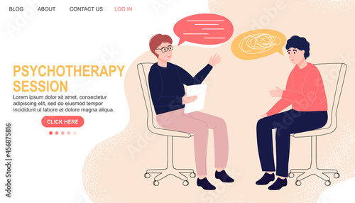 Psychotherapy session. Mental health. Landing page. Psychologist with a patient. Talk.